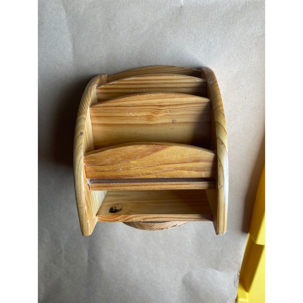 Vintage Pine Wood Rotating Desk Organizer Tiered Mail Letter Sorter Swivel Base